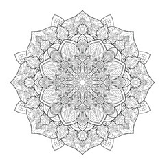 Vector Black and White Mandala Pattern. Intricate Spiritual Lace Tattoo with Islamic, Arabic, Indian, and Ottoman Influences. Zentangle inspired image to color.