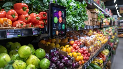 Supermarket Shelf with Smart Price Tag Display and Fresh Produce