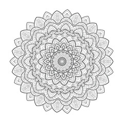 Vector Black and White Mandala Pattern. Intricate Spiritual Lace Tattoo with Islamic, Arabic, Indian, and Ottoman Influences. Zentangle inspired image to color.