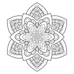 Vector Black and White Mandala Pattern. Intricate Spiritual Lace Tattoo with Islamic, Arabic, Indian, and Ottoman Influences. Zentangle inspired image to color.