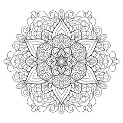 Vector Black and White Mandala Pattern. Intricate Spiritual Lace Tattoo with Islamic, Arabic, Indian, and Ottoman Influences. Zentangle inspired image to color.