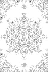 Vector Black and White Mandala Pattern. Intricate Spiritual Lace Tattoo with Islamic, Arabic, Indian, and Ottoman Influences. Zentangle inspired image to color.
