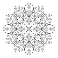 Vector Black and White Mandala Pattern. Intricate Spiritual Lace Tattoo with Islamic, Arabic, Indian, and Ottoman Influences. Zentangle inspired image to color.