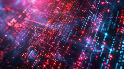 Fototapeta premium Abstract picture with digital style scenery, high tech building scatter around glow fantasy neon light. Cyberspace scene with technology design construction and electric particle flow around. AIG53.