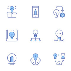 Creativity icons set. Line Duotone style, editable stroke. repeat, implementation, light bulb, creativity, creative, idea, extraordinary