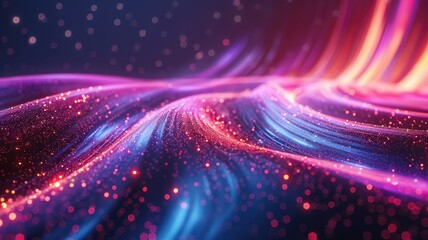 Obraz premium Abstract picture of micro light sparkling particles scattered across vivid flowing wave with digital background, create digital effect scene perfect for energetic and fantasy wallpaper design. AIG53.