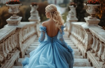 Fototapeta premium Blonde Woman in Blue Dress Running Down Stairs of Ancient Palace