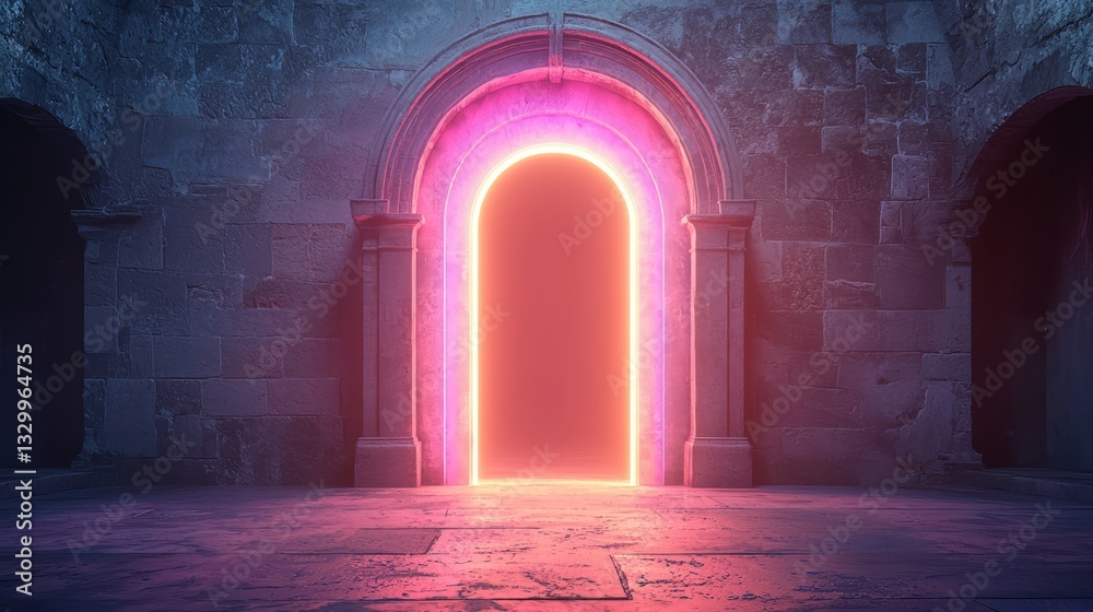 Aufkleber large archway with neon pink light shining through it. the light is glowing and creating a sense of 