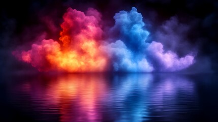 Colorful illuminated clouds above a tranquil body of reflecting water