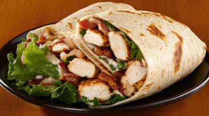 Enjoy a close-up view of grilled chicken wrapped in a tortilla with crispy bacon, served alongside a fresh salad