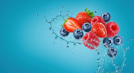 Fresh Mixed Berries with Water Splash on Blue Background