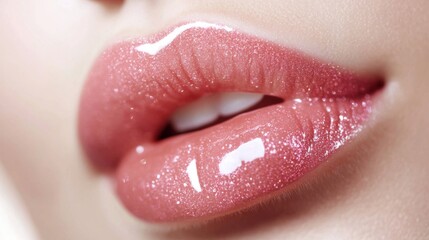 Close-up of Pink Glittery Glossy Lips