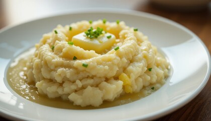 Creamy Mashed Potatoes with Butter and Chives Garnish on a Plate