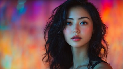 Naklejka premium Portrait of a Young Asian Woman with Dark Curly Hair Against a Vibrant Colorful Background