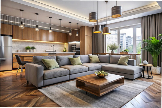 Modern open-plan kitchen and living area with light wood tones, comfortable grey sectional sofa and pendant lighting