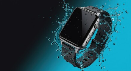 Waterproof Smartwatch with Dynamic Water Splash on Dark Background