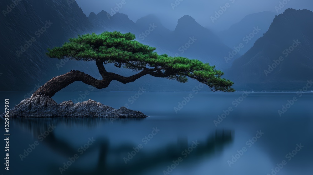 Aufkleber large tree is growing out of a rock in a lake. the tree is surrounded by water and mountains in the 