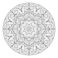 Spiritual Mandala Ornament in Zentangle Style – Black and White Mehendi Coloring Page