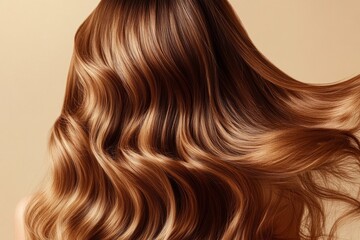 Fototapeta premium Healthy shiny brown hair flowing in wind on a beige background