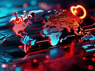 A stylized world map with glowing icons representing various renewable energy sources: wind, solar, hydro, geothermal, biomass, and hydrogen, digital futuristic design, ultra-detailed