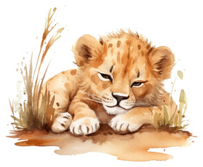PNG Watercolor baby lion sleeping animal wildlife cartoon.