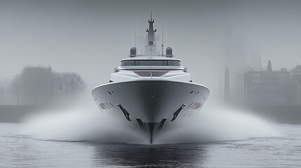 Sleek White Yacht Moving Through Misty Water