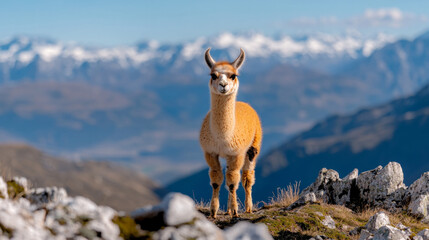 Lively guanaco stands on rocky terrain in a mountainous region