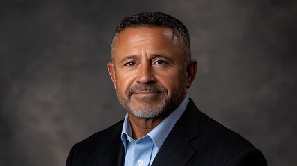 Hispanic male business professional presents a confident demeanor in a tailored black suit, blue shirt, and tie against a neutral backdrop