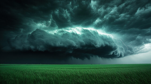 Golden rice field under dramatic storm clouds with diagonal lightning strikes, cinematic composition, agricultural technology commercial use