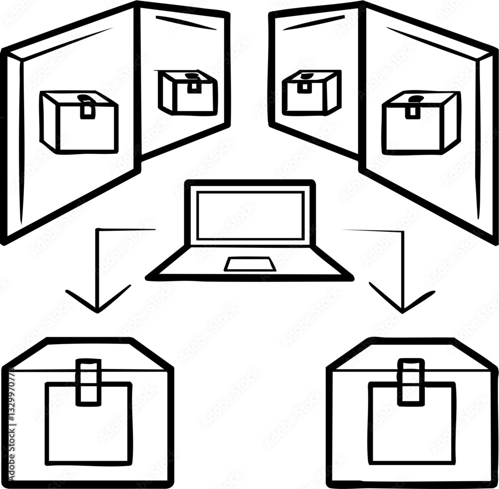 Poster a simple illustration depicting a computer connected to multiple boxes, representing data transfer o
