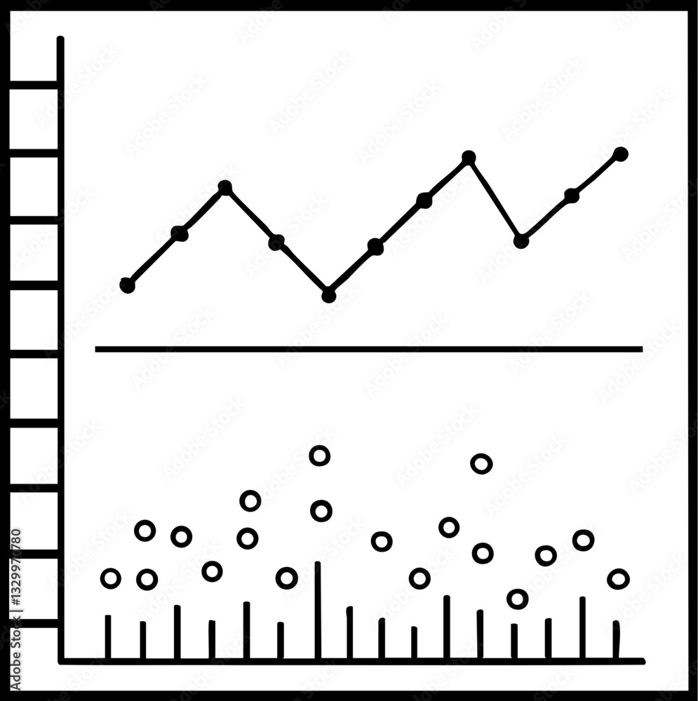 Poster a simple black-and-white graph depicting a line chart above a scatter plot, illustrating data trends