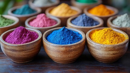 Colorful superfood powders filling wooden bowls on rustic table