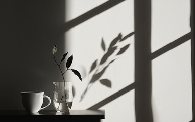 A Single Plant Stem in a Glass Vase Next to a White Mug and Drinking Glass on a Table with Window Shadows Cast on a Textured Wall