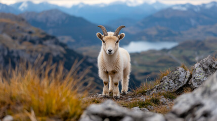 Obraz premium Mountain goat standing on rocky terrain with a stunning mountainous backdrop