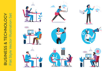 Business and Technology Flat Style Vector Illustration Set. Businesspeople working, using cloud computing, virtual reality, artificial intelligence and robots. 