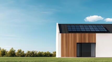 Obraz premium Zerocarbon minimalist home with solar roofs and recycled materials, Sustainable Housing, Minimalist carbonneutral living