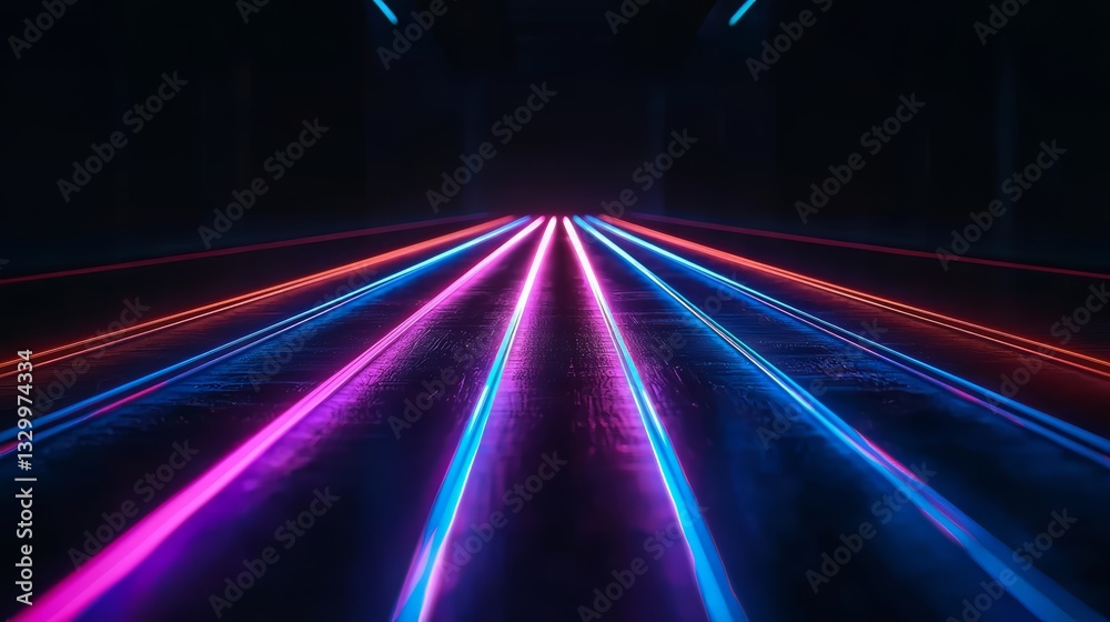 Poster Long, dark tunnel with neon lights running down the middle. The lights are in different colors, creating a vibrant and energetic atmosphere