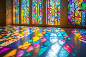An intricate stained glass window featuring a detailed floral design crafted from colorful tiles. The vibrant hues and delicate patterns create a captivating visual.

