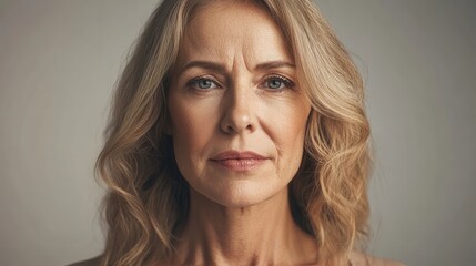 Naklejka premium Senior woman with visible aging signs like wrinkles and thin hair, transitioning into a younger self with luscious hair and smooth, radiant skin