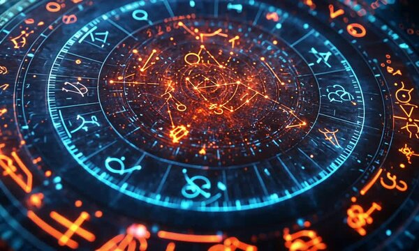 Mystic Zodiac Wheel: Celestial Symbols in Glowing Nebula