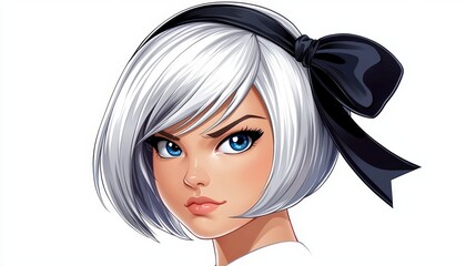  an animated woman with white hair and blue eyes wearing a black bow on her head against a white background