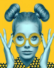 Stylish woman with blue hair in buns and yellow-striped round glasses against a yellow background.