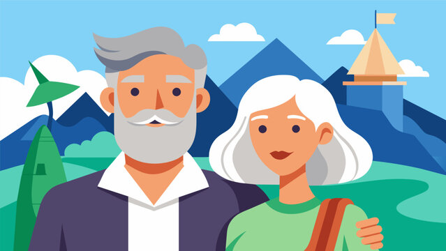A silverhaired couple with decades of travel experience documenting their exotic escapades in a captivating blog that inspires wanderlust.. Vector illustration