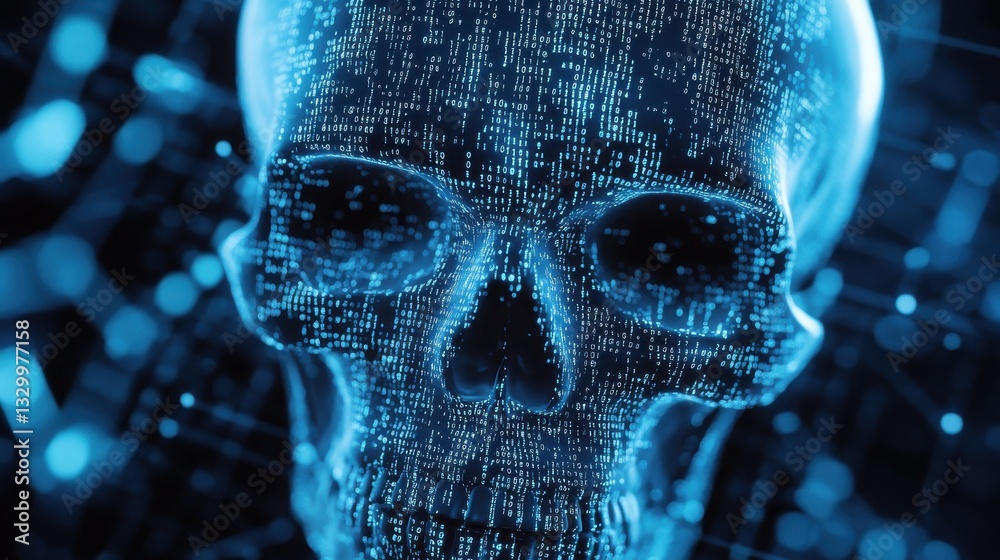 Poster digital human skull concept with binary code texture