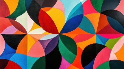 The abstract pattern features a kaleidoscope of vibrant geometric shapes intertwining in a symphony of bold colors, creating a visually stimulating and dynamic visual experience.