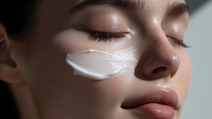 Close-up of young caucasian female with skincare cream on face.