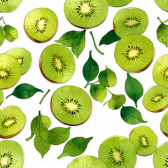 Fototapeta premium Fresh Watercolor Kiwi Fruit and Leaves Pattern