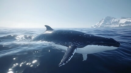 Fototapeta premium Whale swims in ocean near snowy mountain background