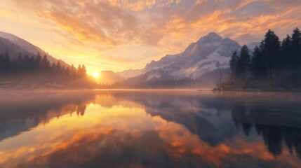 Majestic sunrise illuminating serene mountain lake and forest