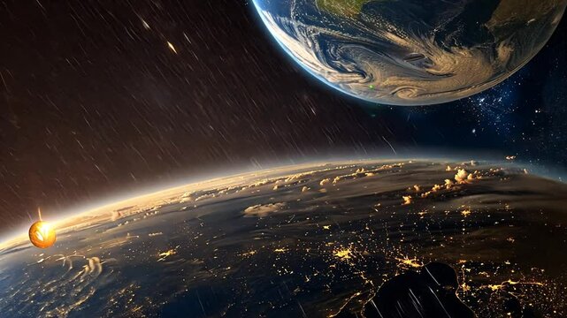 Meteoritenschauer trifft auf die Erdatmosph&auml;re mit feurigen Spuren